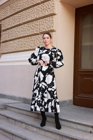 Платье миди с цветочным принтом из льна-жатки, длинными рукавами, поясом и резинкой на талии С1516.А1.Х450-1.P590 фото